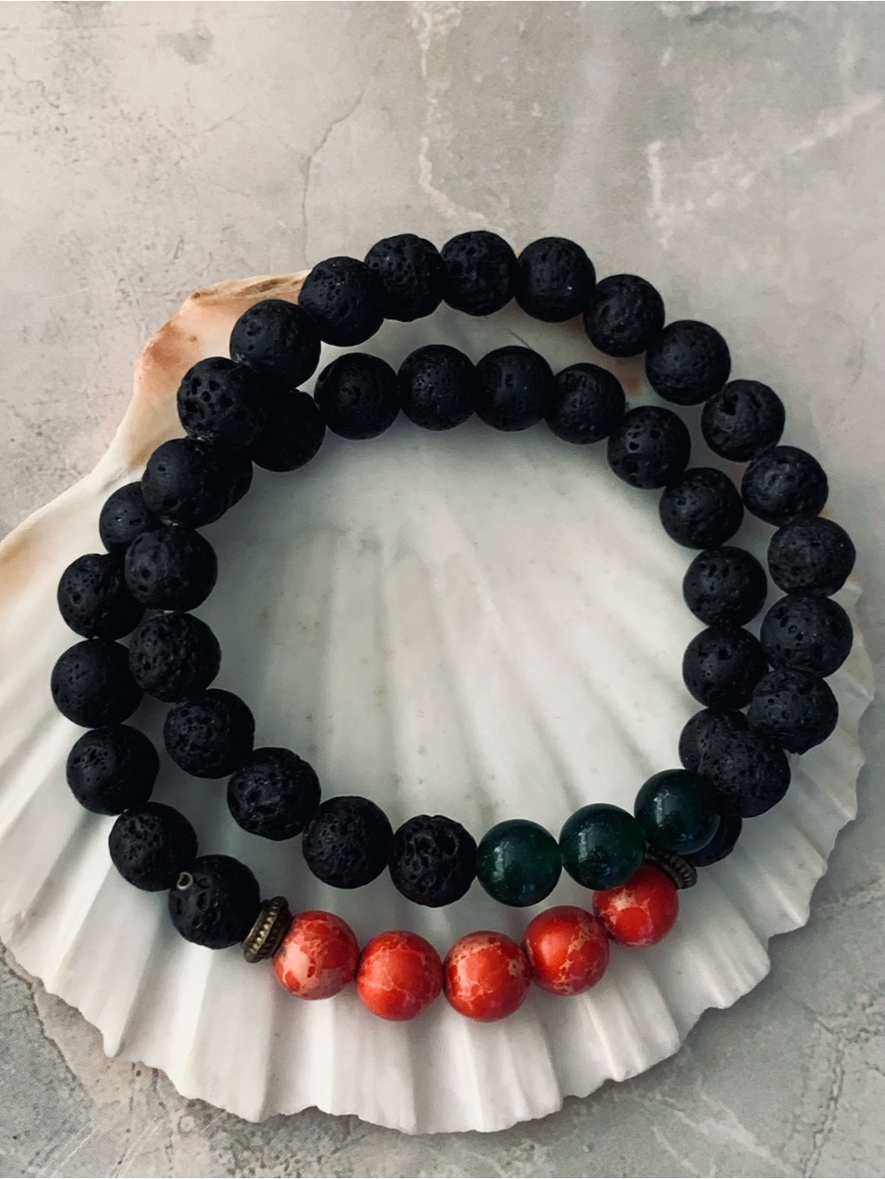 Black Lava Stone Beaded Stretch Bracelets with Red and Green Stone Accent Beads